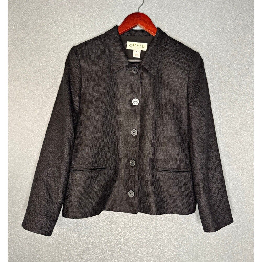 Orvis Women’s Black Herringbone 100% Silk Button Front Blazer Long Sleeve 8